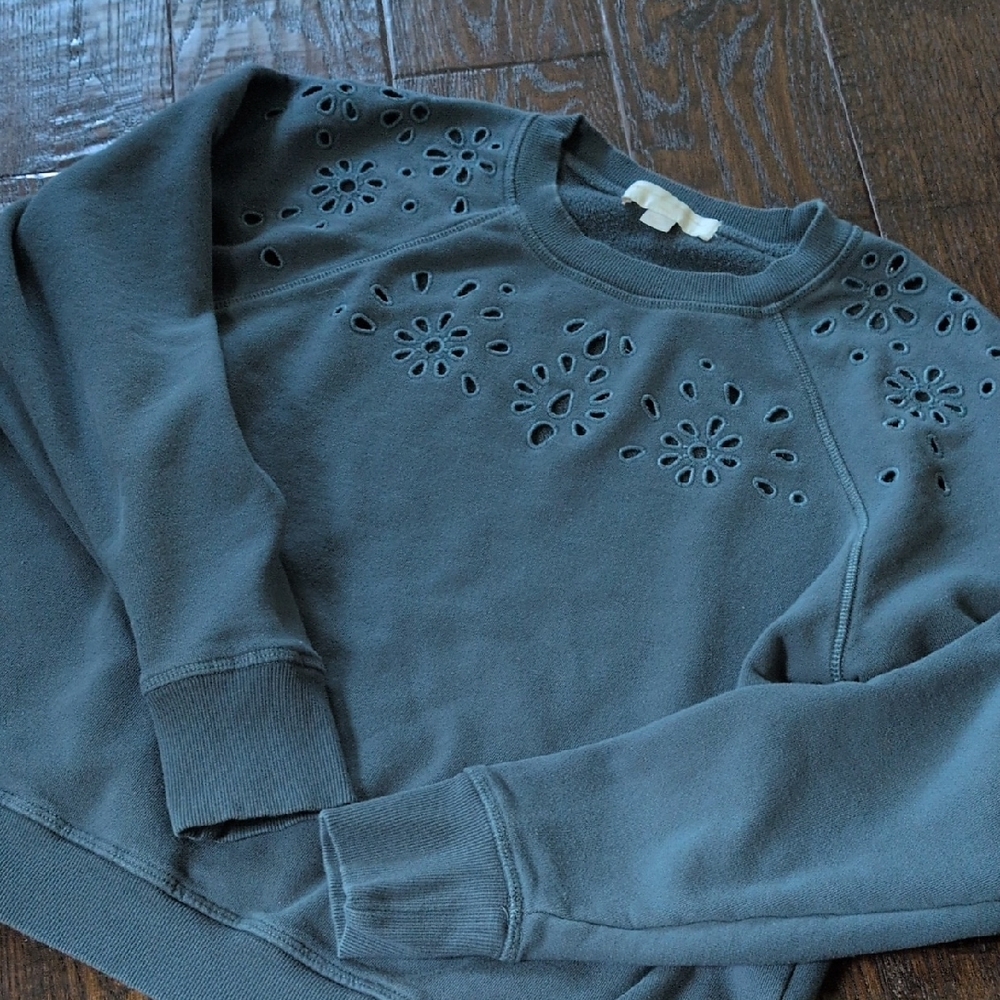 SPIRITUAL GANGSTER I Deep Sea Blue Teal  Crew Neck Bridget Eyelet Sweatshirt, S